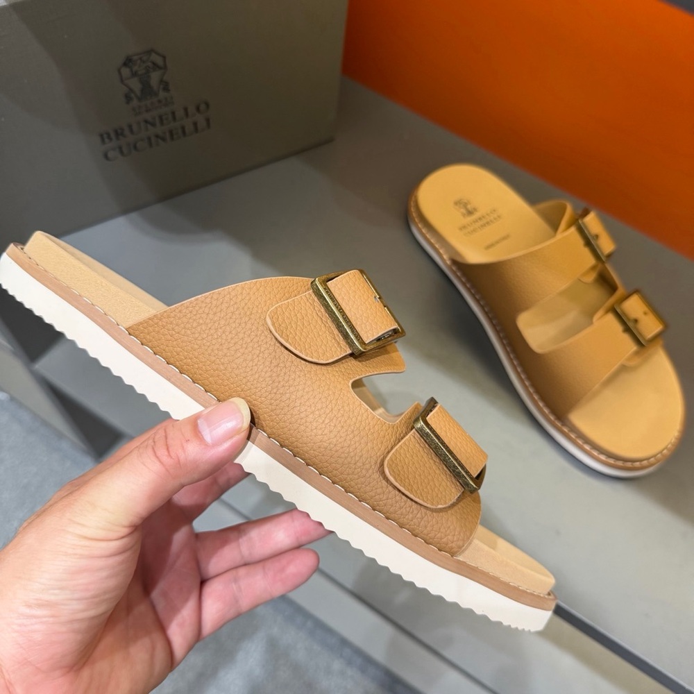 Brunello Cucinelli Beige-Tan Double Buckle Leather Slides - Picture 8 of 9
